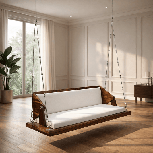 Luxury Solid Wood Hanging Swing for Living Room – Modern Indoor Wooden Jhula with Cushion | Premium Home Swing Seat | Ferrowoods -