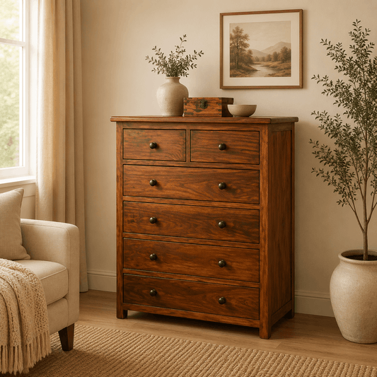 Wooden dresser in a room with a chair, plants, and framed picture on the wall.