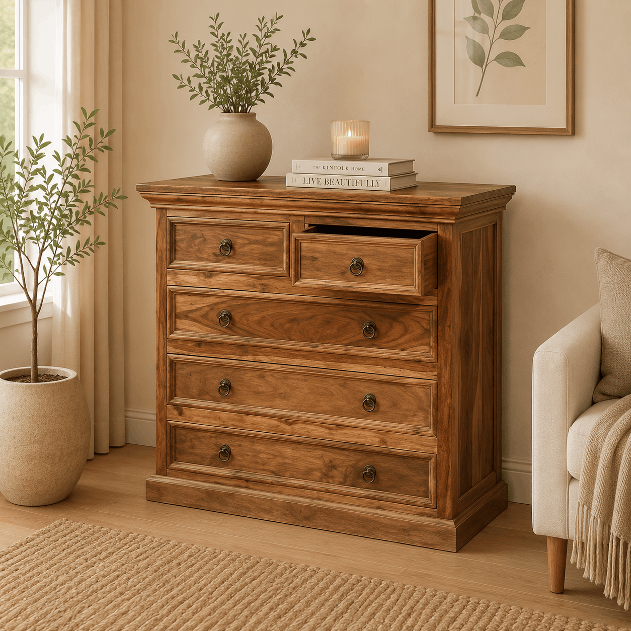 Wooden dresser with decorative items in a room with a plant and sofa.