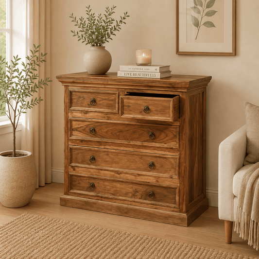 Wooden dresser with decorative items in a room with a plant and sofa.