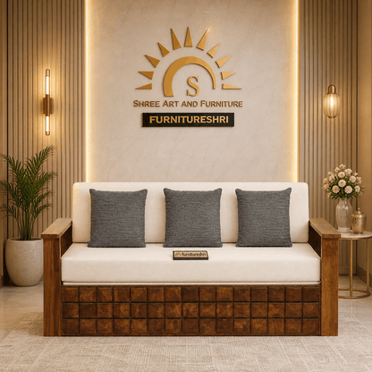 Decorative interior setting with a sofa, cushions, and a plant, featuring the Shree Art and Furniture logo.