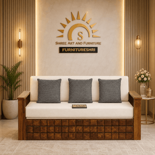Decorative interior setting with a sofa, cushions, and a plant, featuring the Shree Art and Furniture logo.