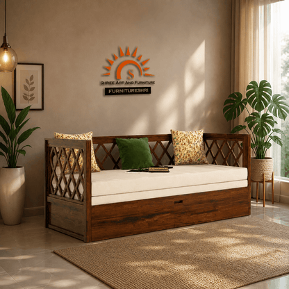 Wooden daybed with white cushion in a room with plants and a decorative wall sign.