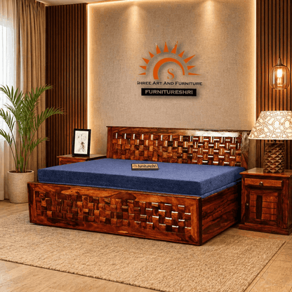 Wooden bed with blue mattress in a bedroom setting, featuring Shree Art and Furniture logo.