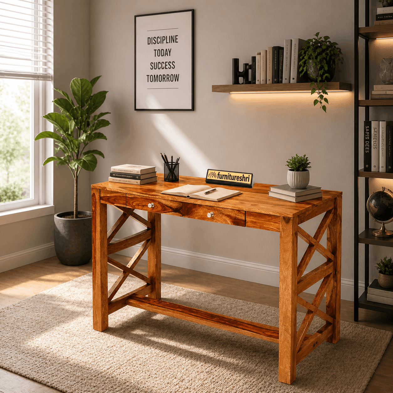 Wooden desk in a home office with decor elements