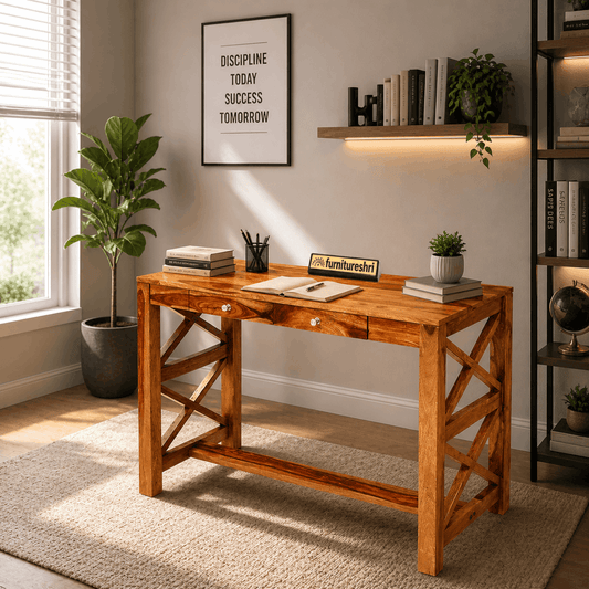 Wooden desk in a home office with decor elements