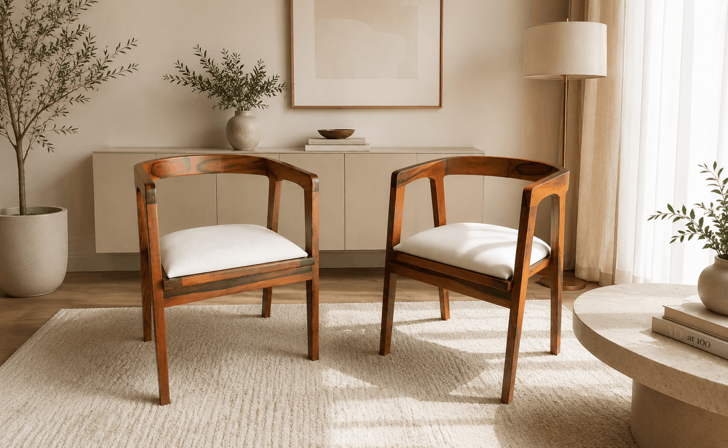 WOODEN CHAIR WITH WHITE CUSION IN PROVINCIAL TEAK FINISH