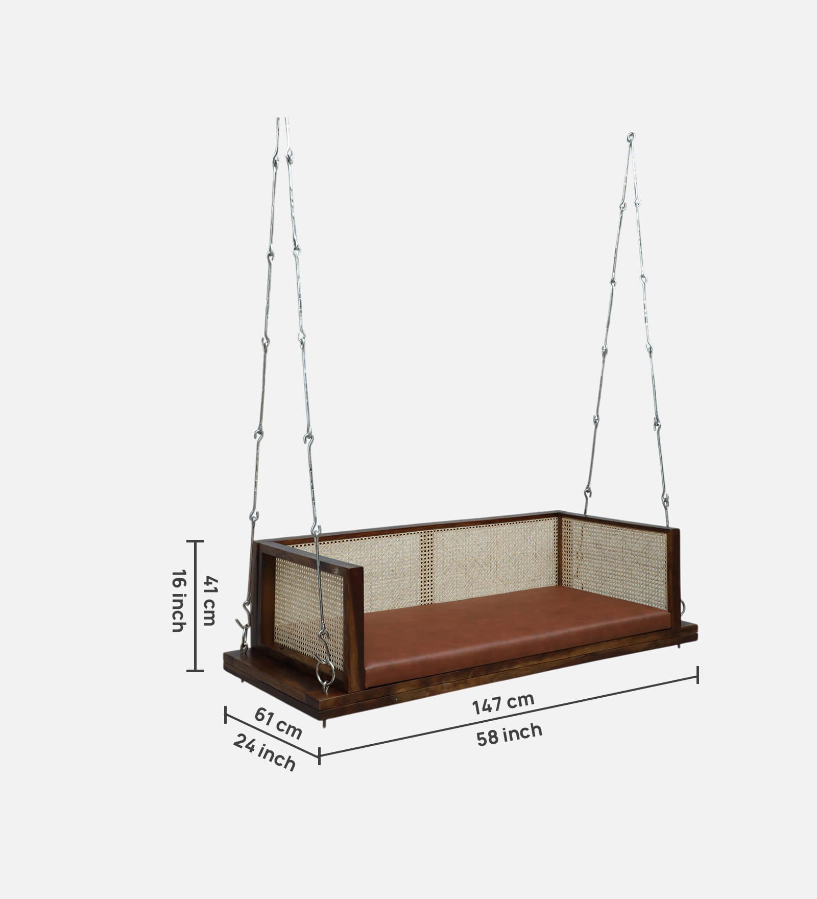 Sheesham wood hanging swing bench with cane back and brown cushion