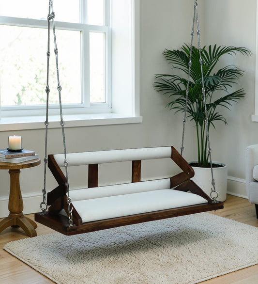 Premium Wooden Hanging Swing with Cushioned Seat – Modern Indoor Jhula in Walnut Finish