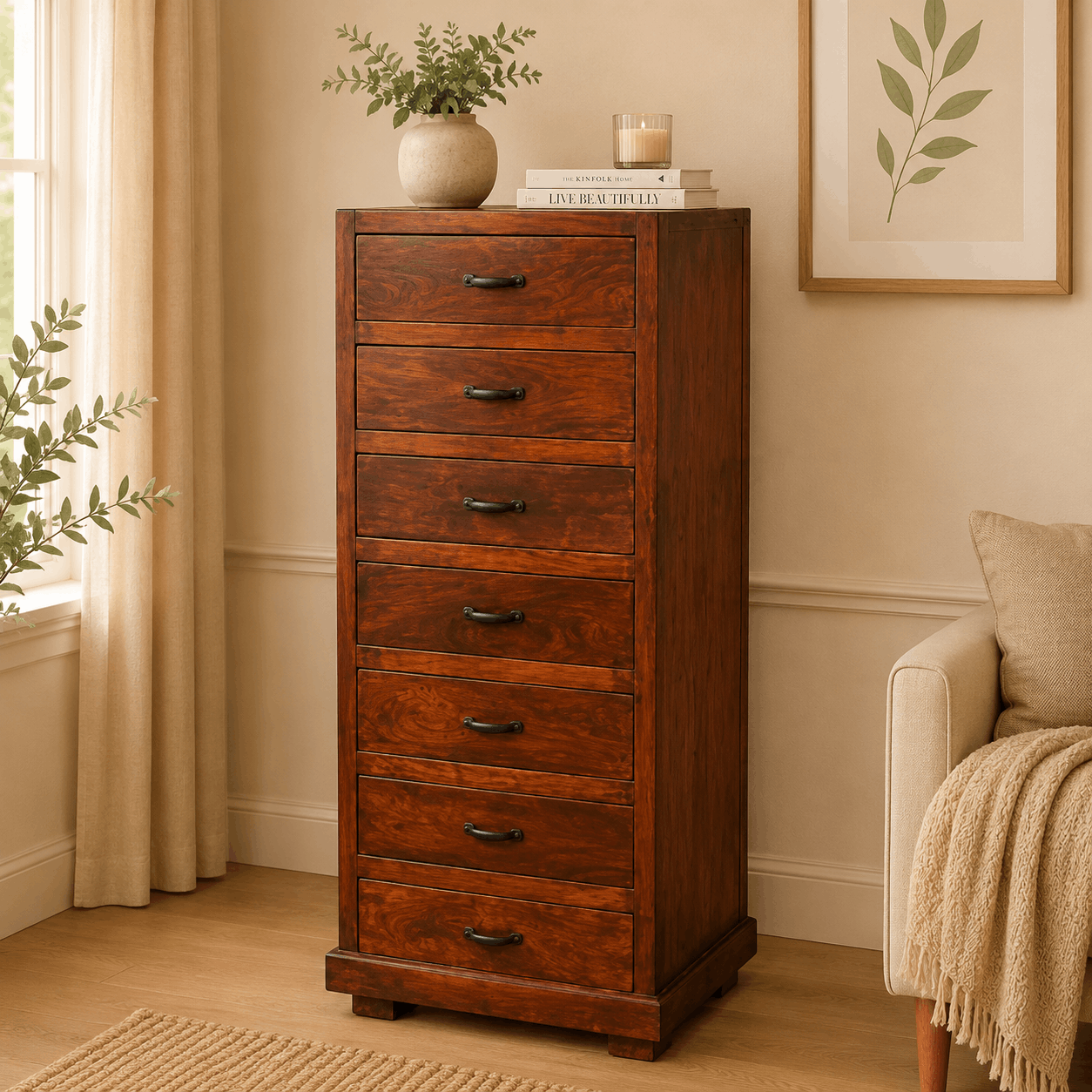 Wooden dresser with decorative items in a home setting