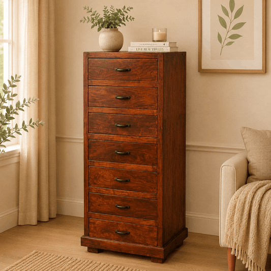 Wooden dresser with decorative items in a home setting