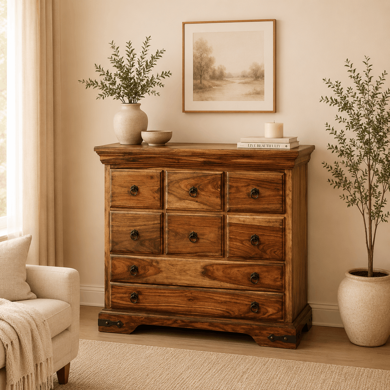 Wooden dresser in a room with plants and a painting on the wall