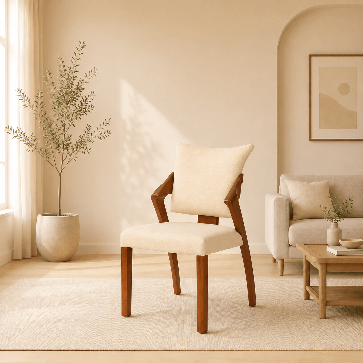 Beige chair in a living room with a plant and sofa