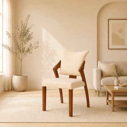 Beige chair in a living room with a plant and sofa