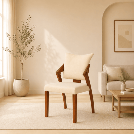 Beige chair in a living room with a plant and sofa