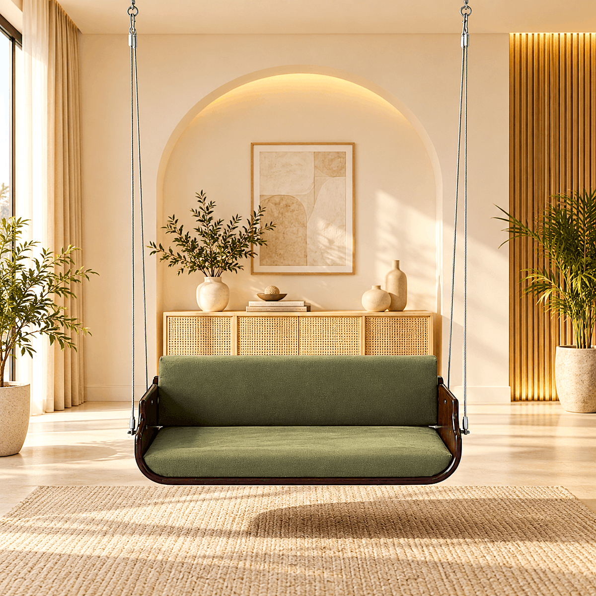 A green upholstered hanging swing seat with a dark wood frame suspended by metal chains in a warm, sunlit living room with plants, a console table, and an arched wall.