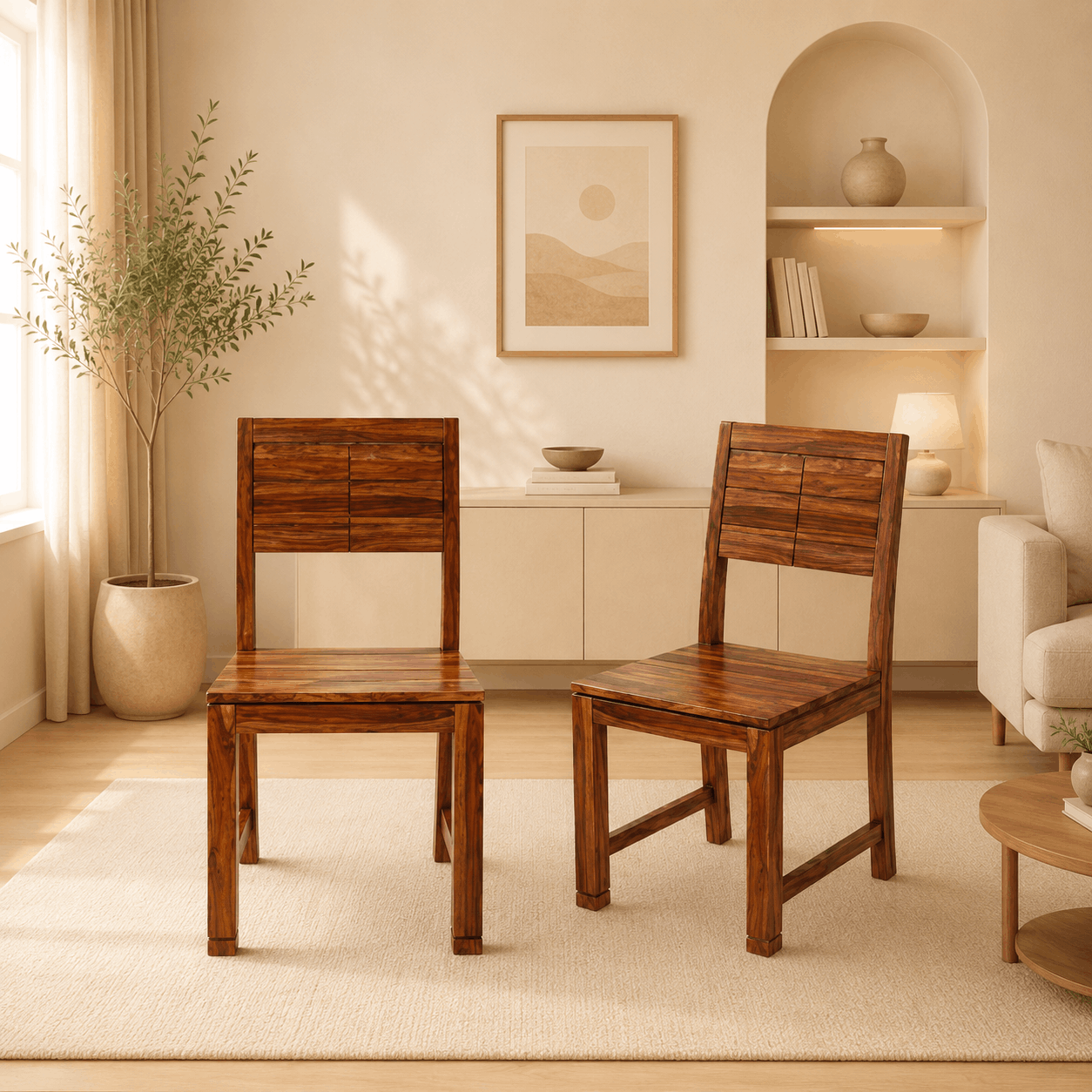 Two wooden chairs in a living room with a neutral color palette.