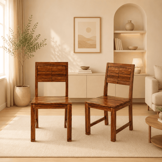 Two wooden chairs in a living room with a neutral color palette.