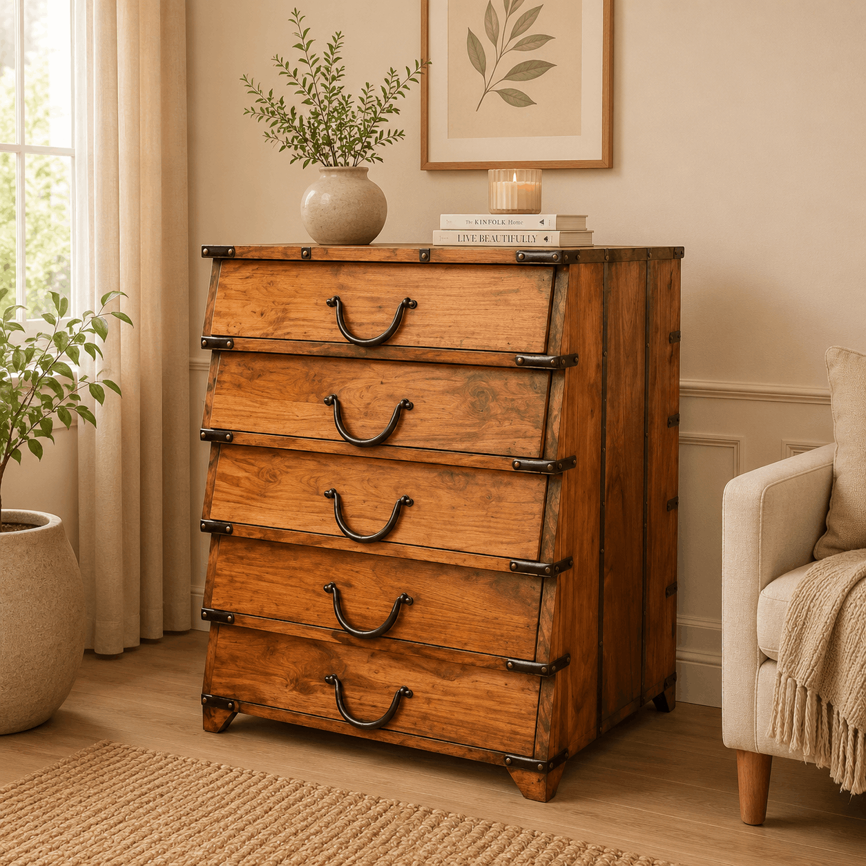 Wooden dresser with four drawers in a room with a plant and a couch.