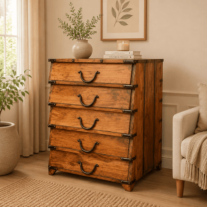 Wooden dresser with four drawers in a room with a plant and a couch.