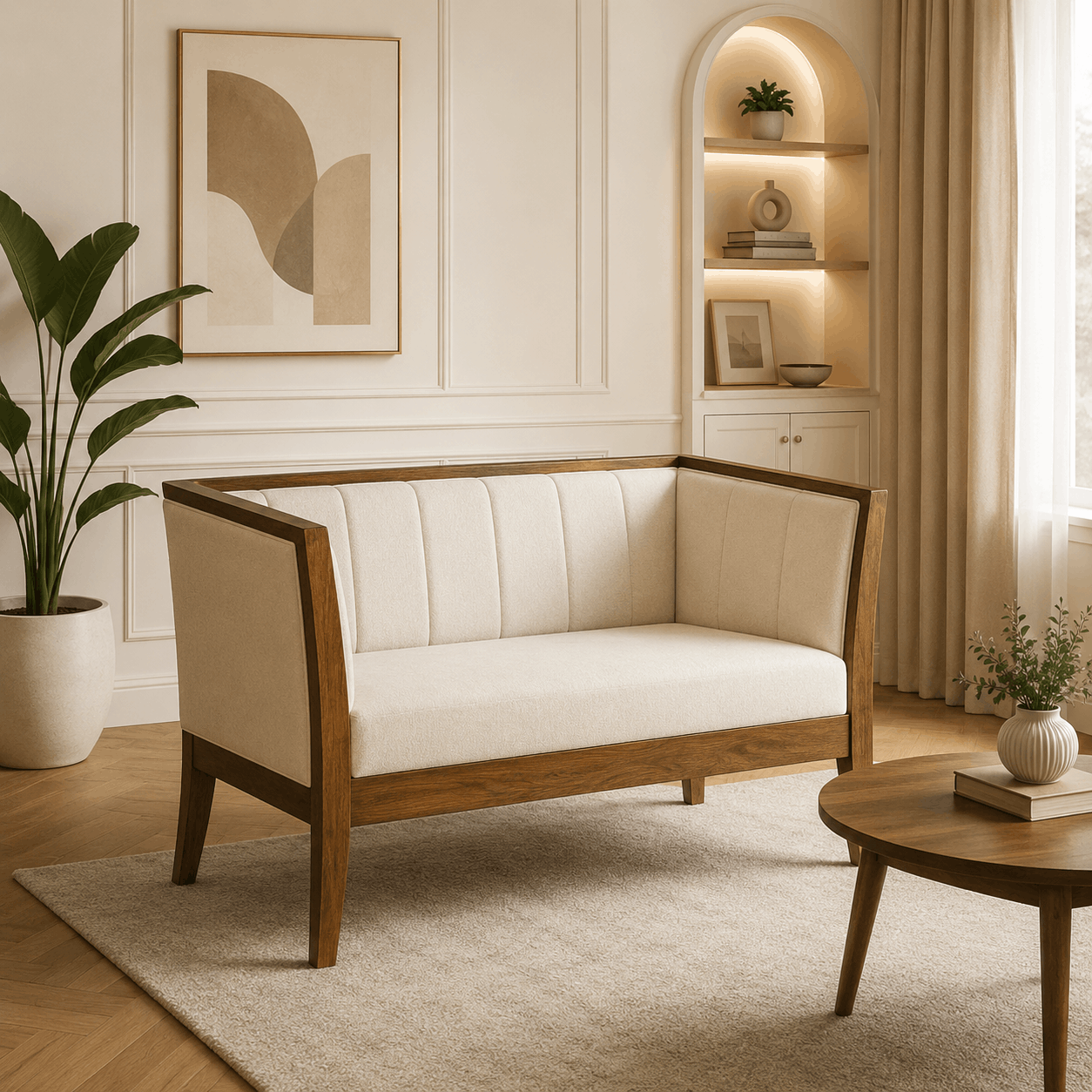A two-seater wooden sofa with cream-colored tufted upholstery, styled in a warm, modern living room setting with a round wooden coffee table, a potted plant, and an arched built-in shelf in the background.
