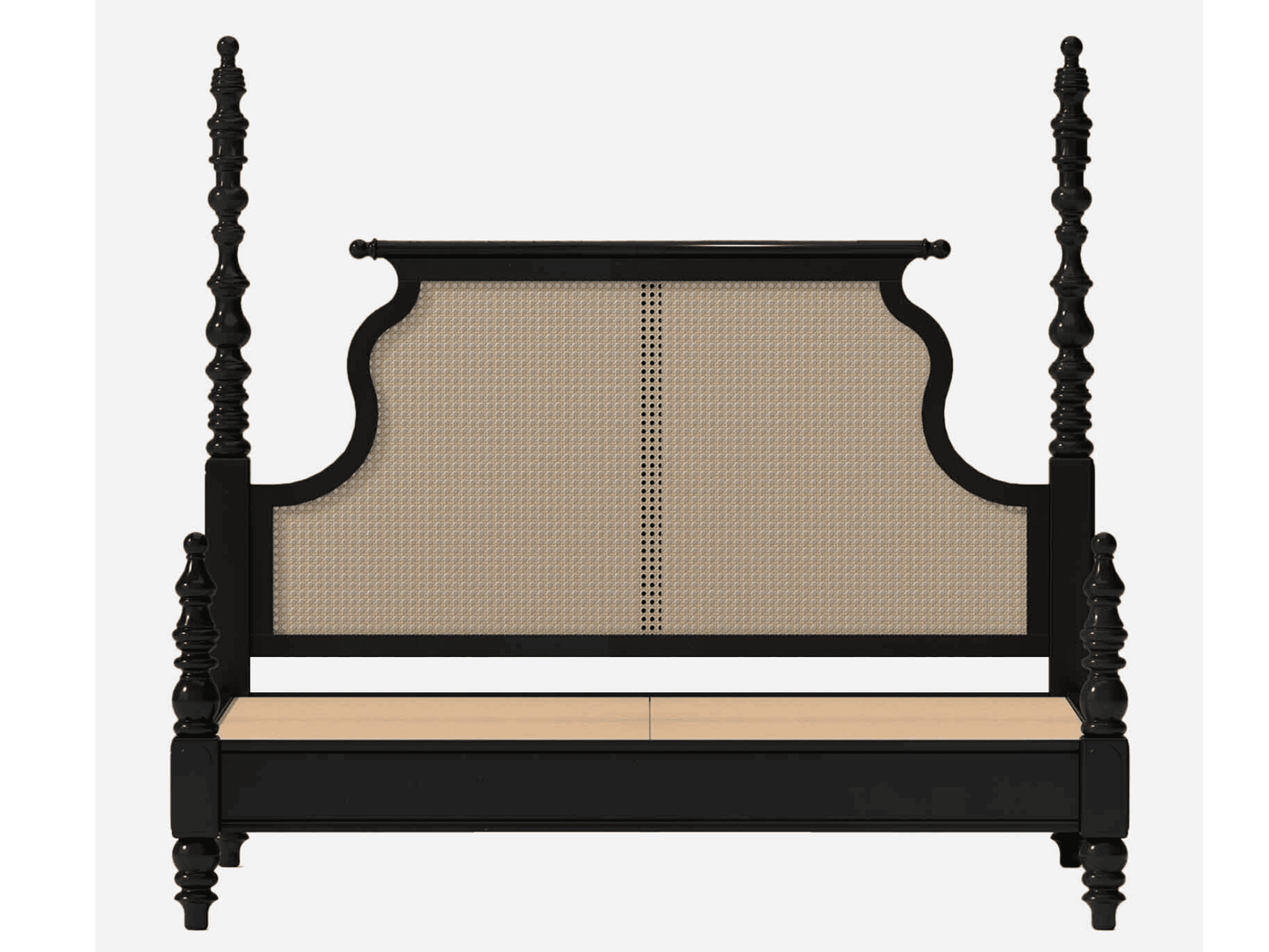 Black four-poster bed with beige headboard and footboard on a white background