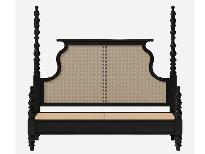 Black four-poster bed with beige headboard and footboard on a white background