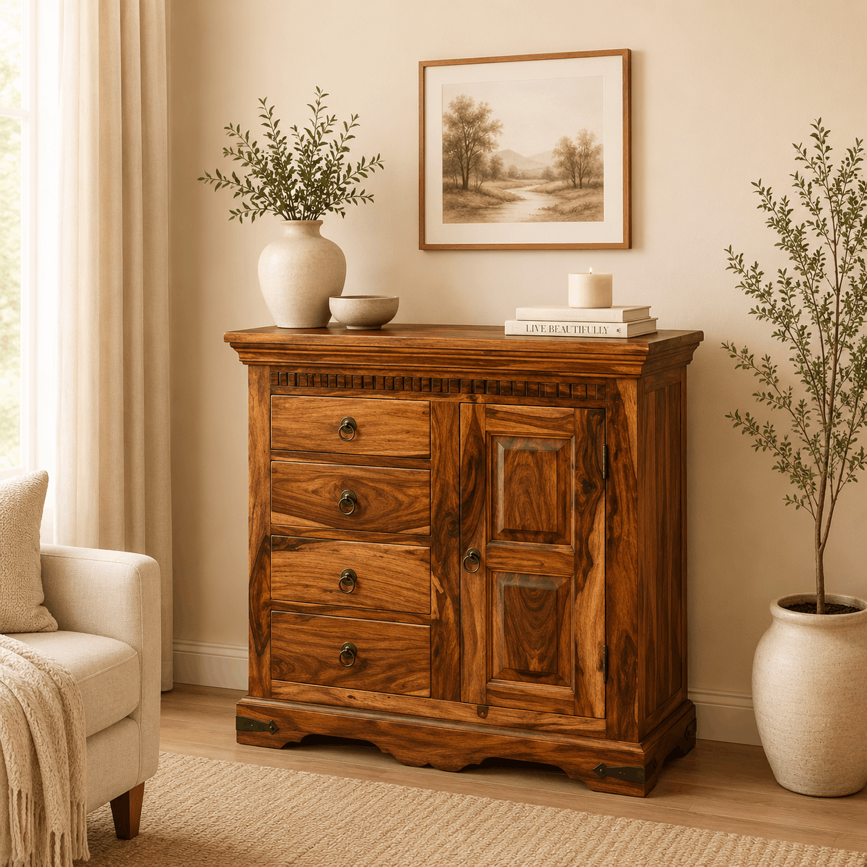 Wooden cabinet in a living room with decor elements