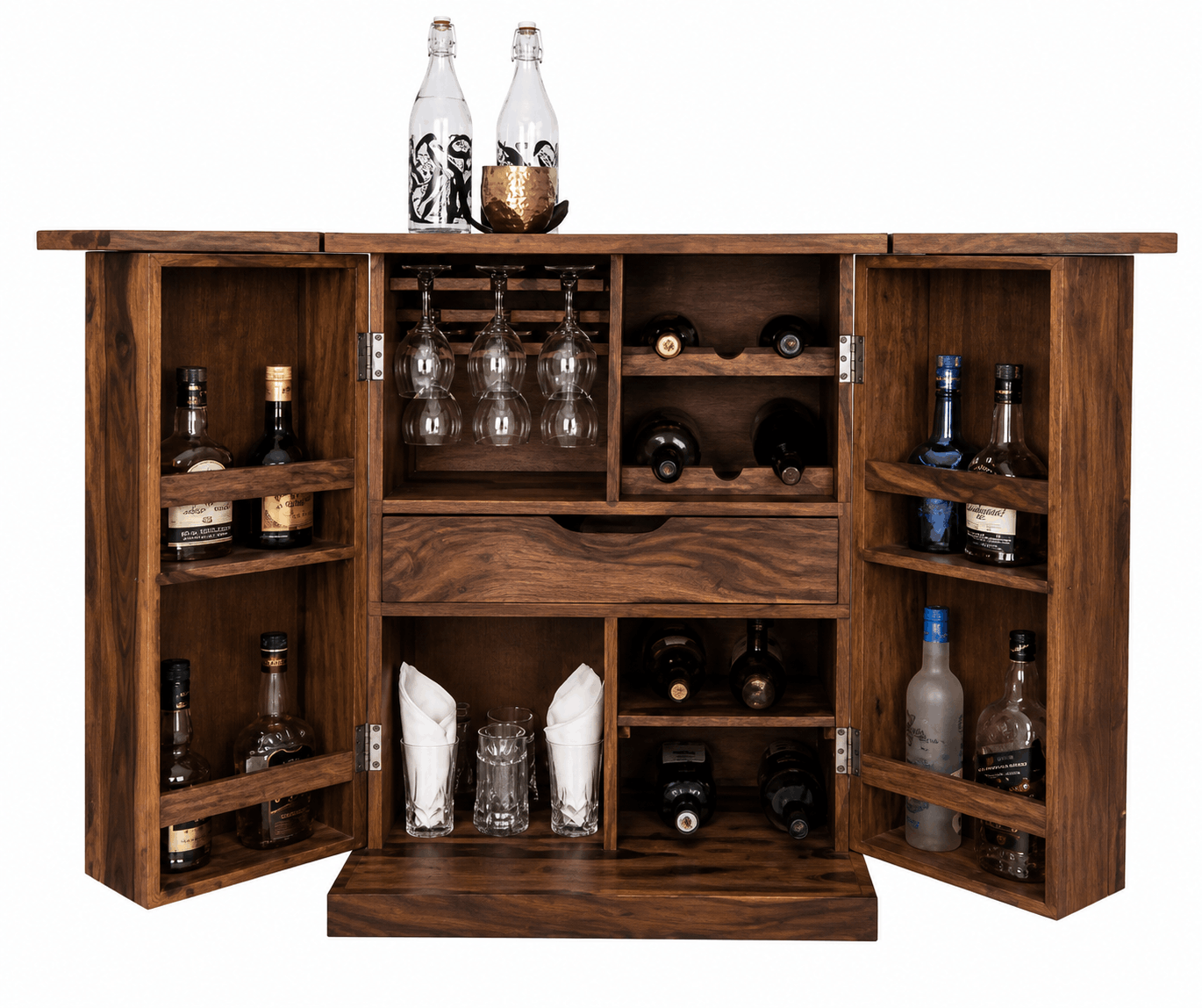Wooden bar cabinet with open doors displaying bottles and glasses on a white background