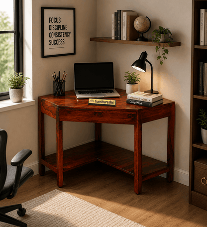 Wooden desk with laptop, books, and decor in a home office setting