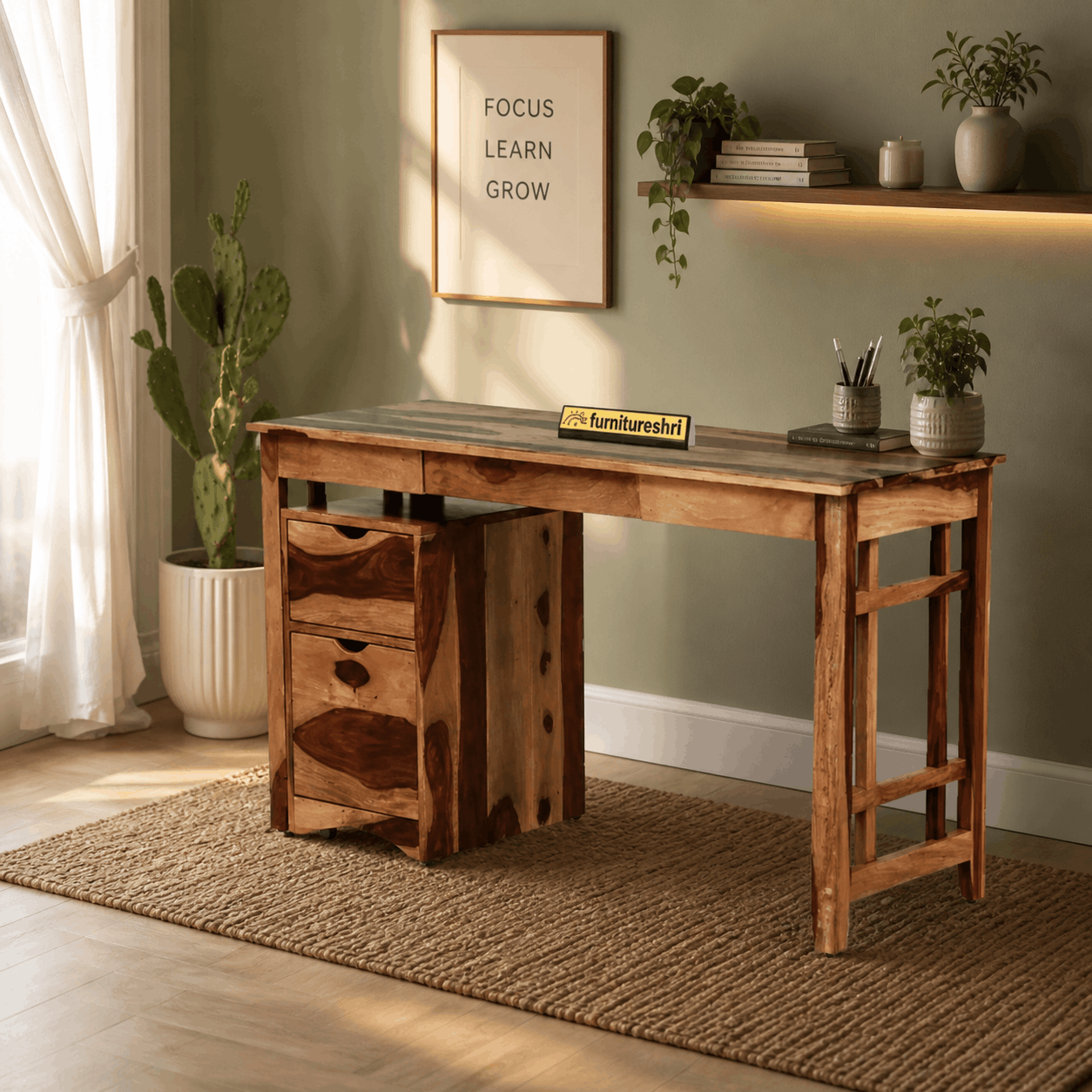 Wooden desk in a home office with plants and decor