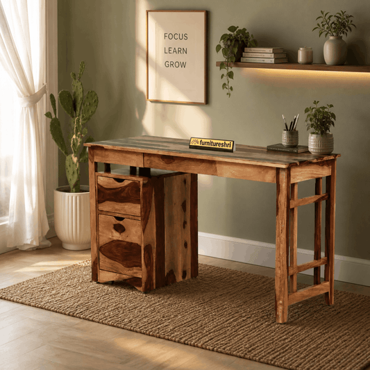 Wooden desk in a home office with plants and decor