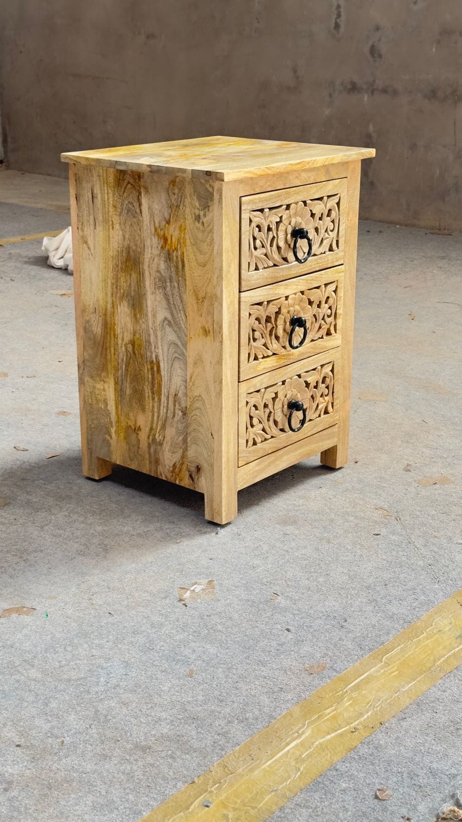 Handcarved Sheesham wood 3-drawer side table with floral panels and black ring handles