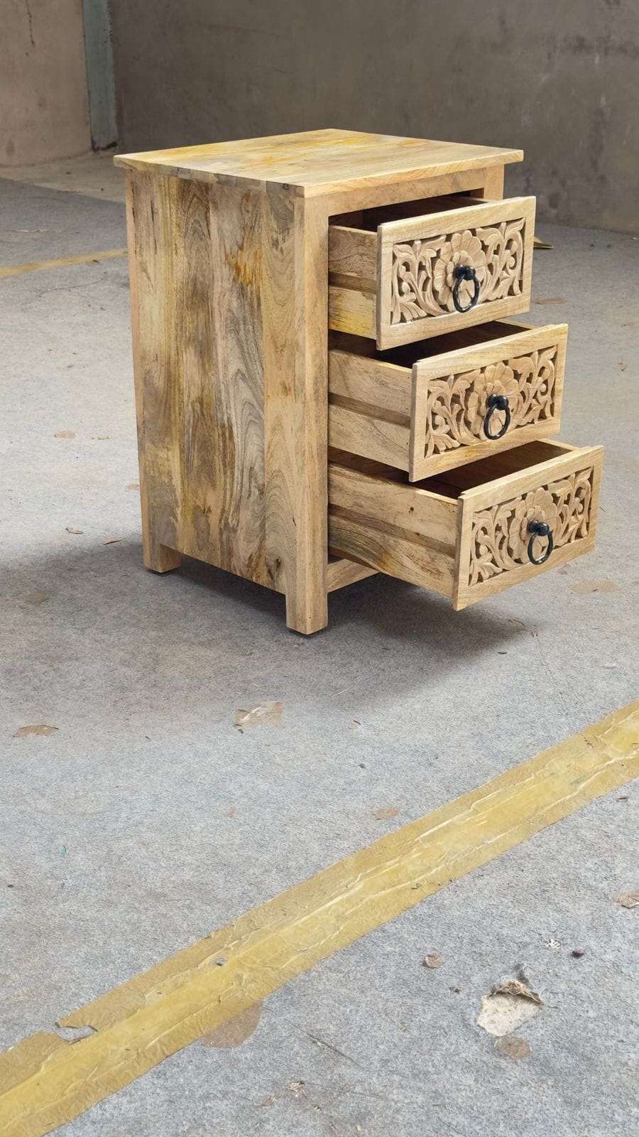 Solid wood 3-drawer side table with floral carvings and natural finish