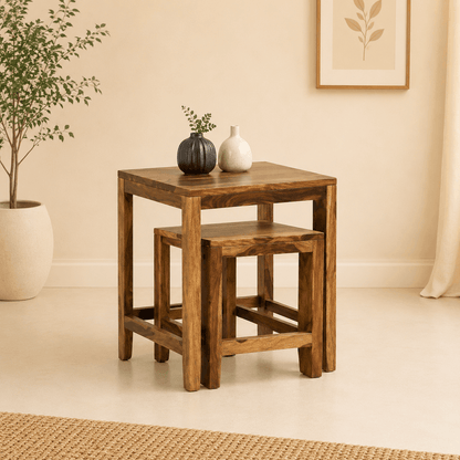 alloy end table in pt finish with creamy color background 