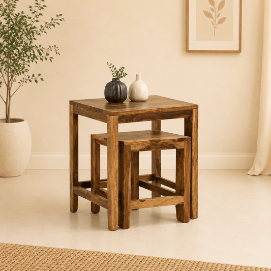 alloy end table in pt finish with creamy color background 