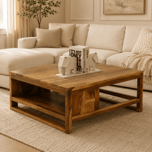 Wooden coffee table in a living room with a beige sofa and decorative items.