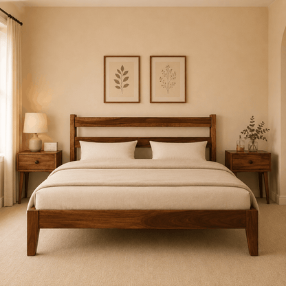 Bedroom with wooden bed, nightstands, and wall art