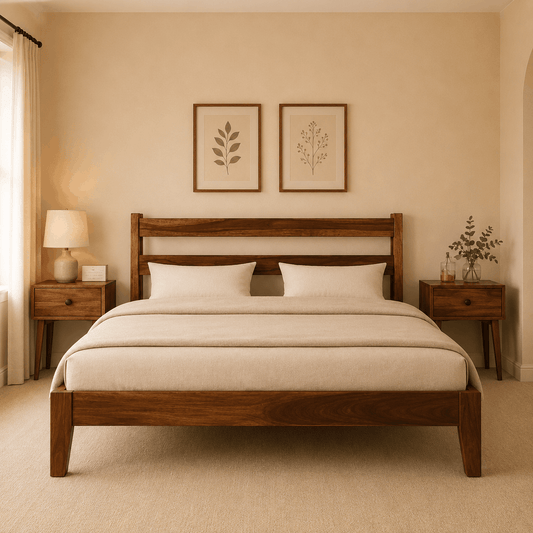 Bedroom with wooden bed, nightstands, and wall art