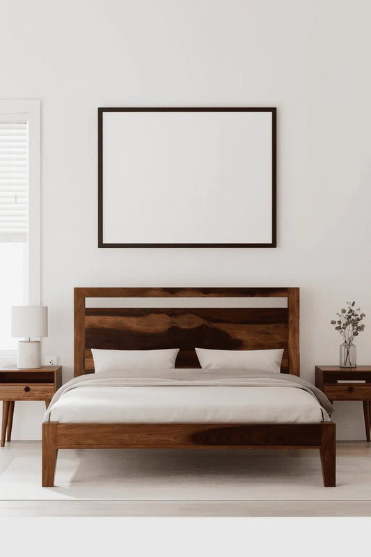 Alpha solid wood queen size bed walnut finishFerrowoods