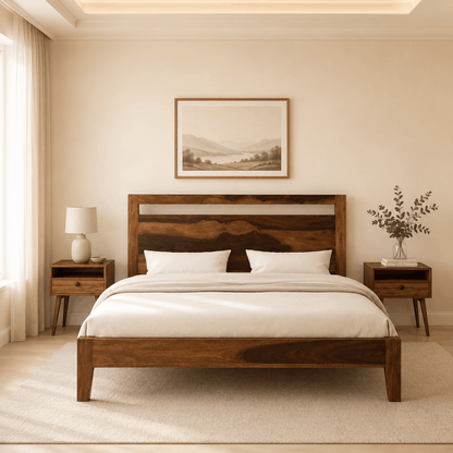 Wooden bed in a bedroom with a lamp, nightstands, and framed picture on the wall.