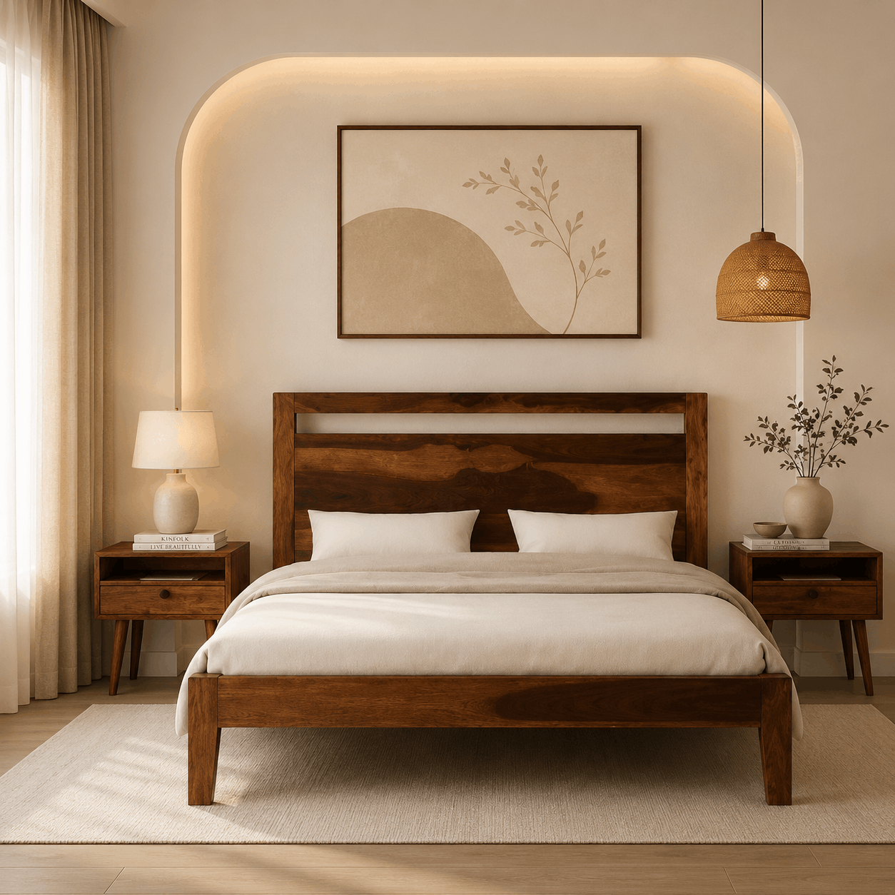 Modern bedroom with wooden bed, side tables, and wall art.