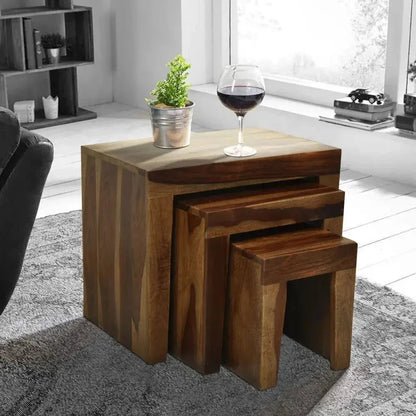 ALURE SET OF 3 SHEESHAM WOOD WALNUT FINISH - Ferrowoods