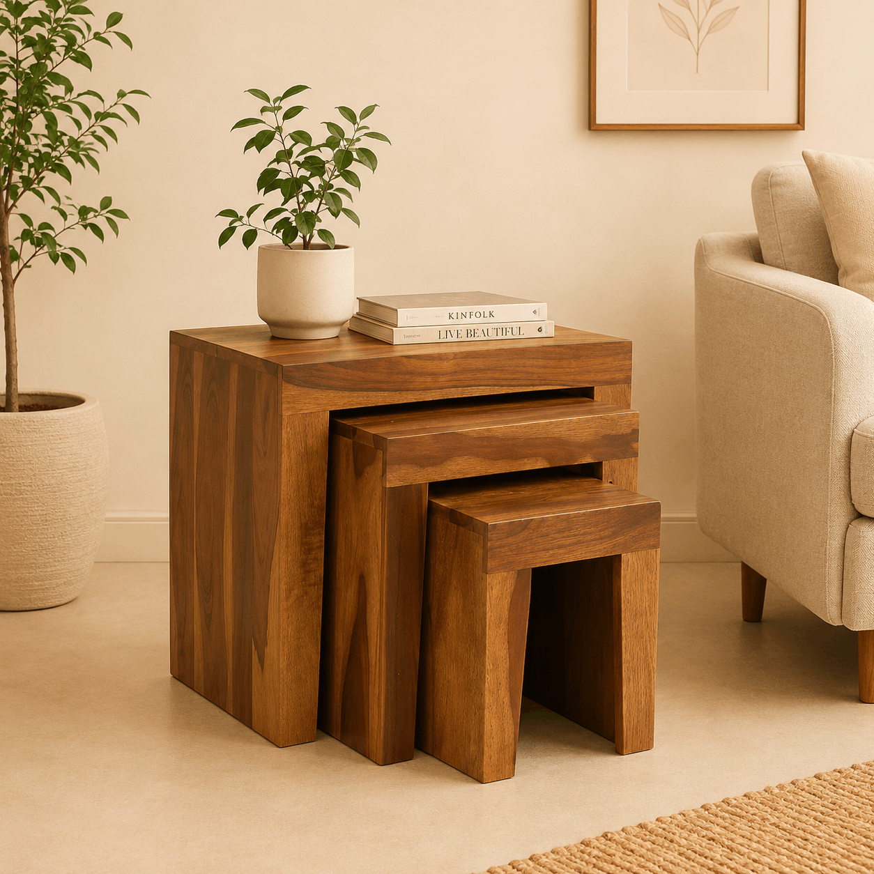 Set of three wooden nesting tables with a plant and books in a living room setting.
