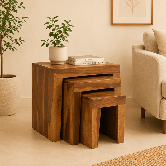 Set of three wooden nesting tables with a plant and books in a living room setting.