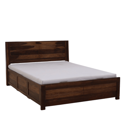 Wooden bed frame with a white mattress on a white background