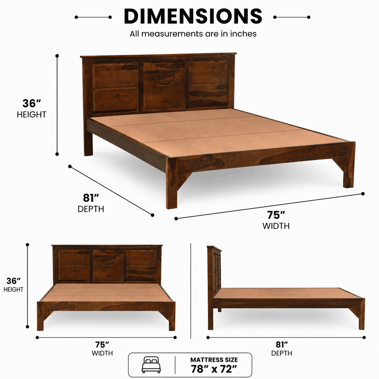 Wooden bed frame with dimensions labeled on a white background