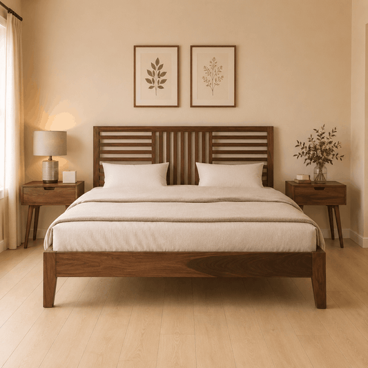 Bedroom with wooden bed, nightstands, and wall art