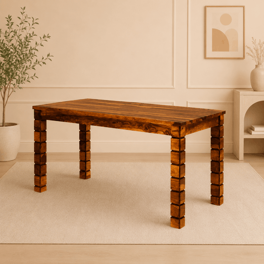 Wooden dining table in a room with a plant and wall art
