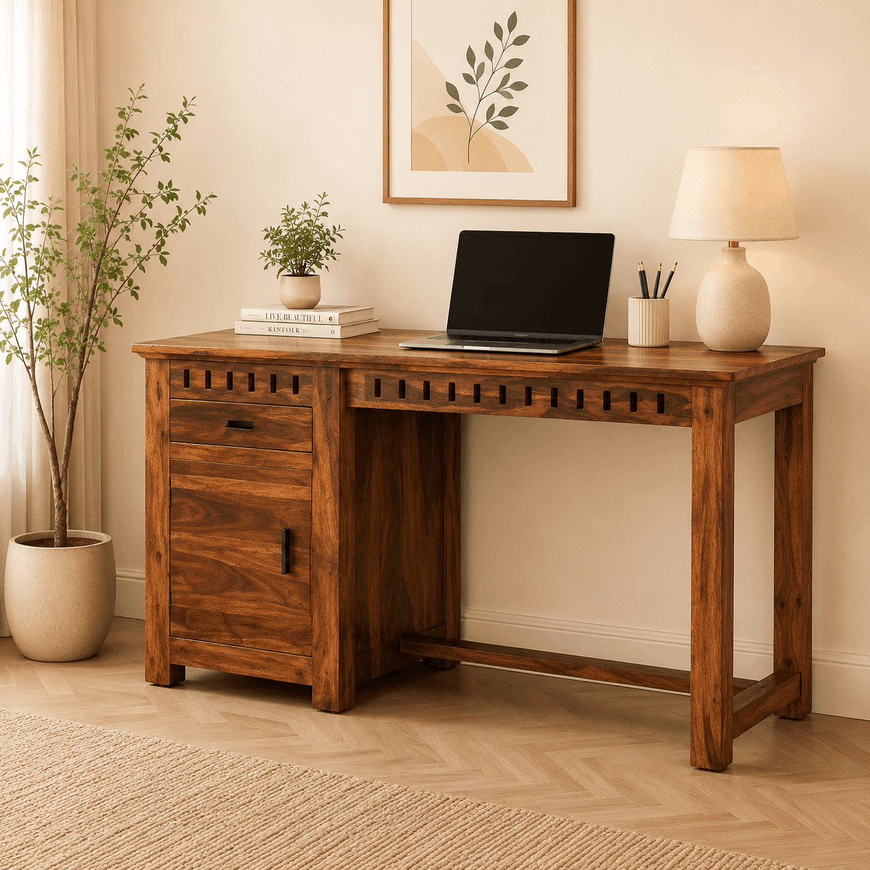 Wooden desk with laptop, books, and decor in a home office setting